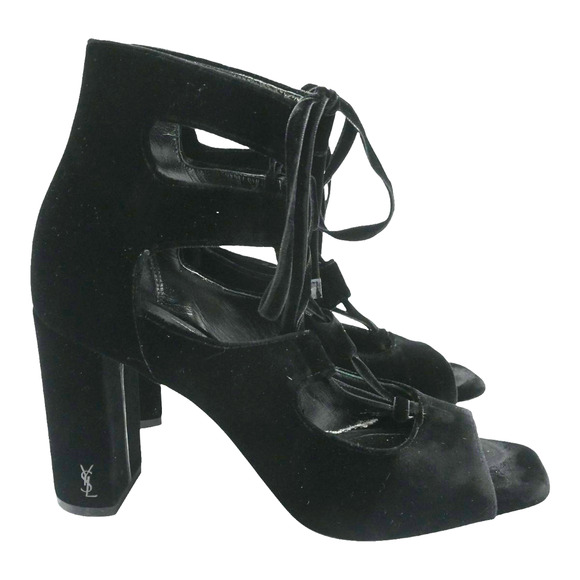 Saint Laurent Loulou Black Velvet YSL Lace-Up Block Heels Size 37 - Picture 2 of 12